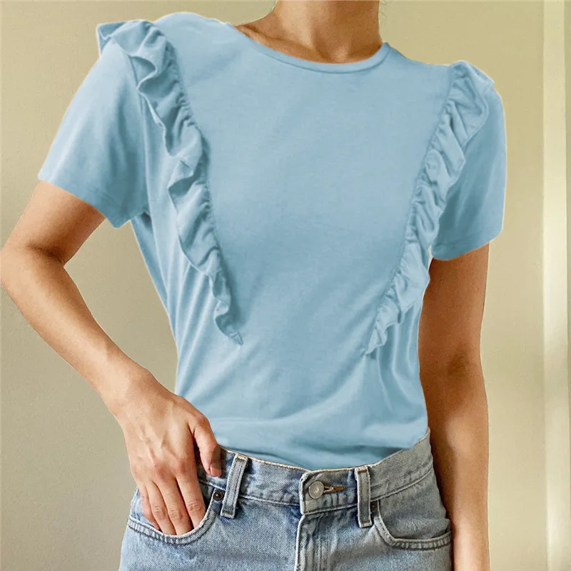 

Women Summer Casual Round Neck Simplicity Solid Top Patchwork Comfortable All-match Pullovers Short Sleeve T-shirt