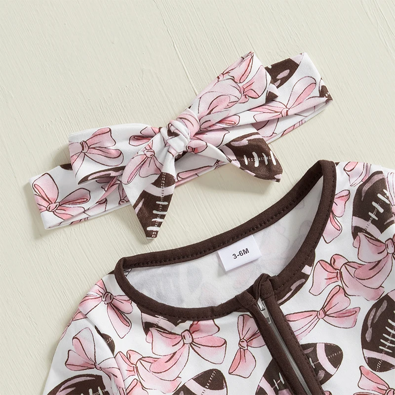 Baby Girl Autumn Romper Sets O Neck Long Sleeve Zip-Up Rugby Bow Print Fashion Bodysuit with Headband