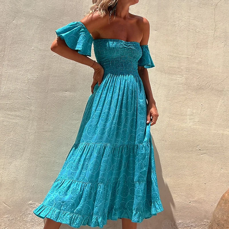 

Fashion Strapless Waist Pleated Beach Dress Summer Print Evening Dress Sexy Lady Slash Neck Short Sleeve Bohemian Dress Vestidos