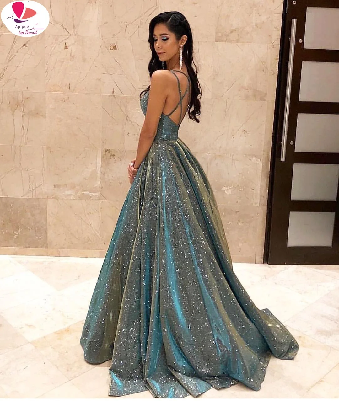 

Женское платье-макси с открытой спиной, сексуальное ТРАПЕЦИЕВИДНОЕ ПЛАТЬЕ С V-образным вырезом и блестками в Европейском стиле, лето-осень ...