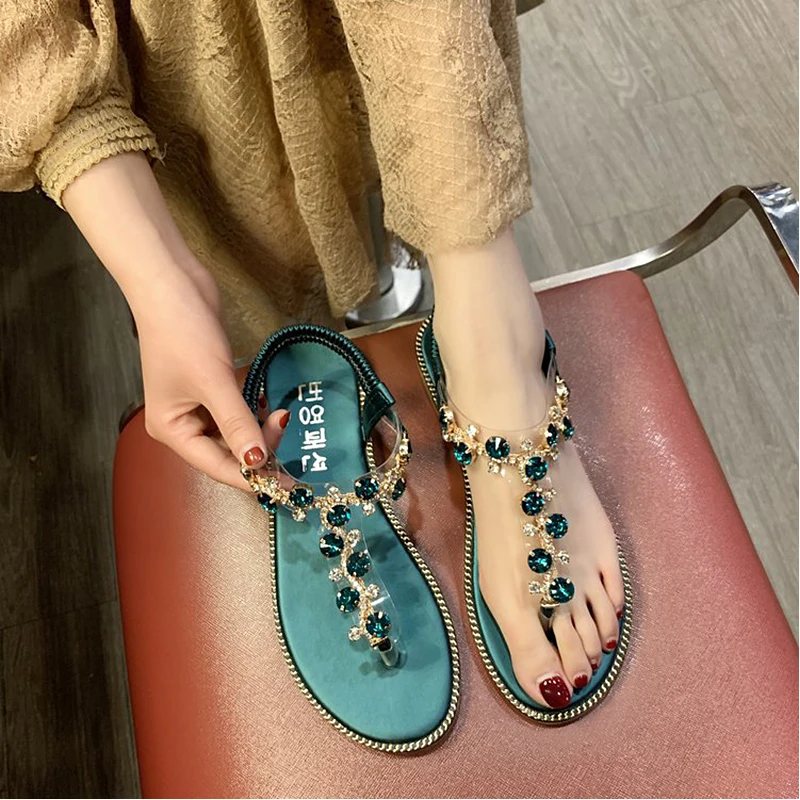 

Fashion Women Sandals Luxury Casual Beach Outdoor Flip Flop Sandals Ladies Rhinestones Sliders Bohemia Back Strap Roman Shoes