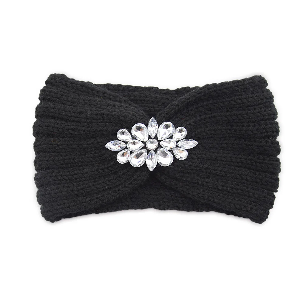 Ful Winter Headband Clear Crystal Flower Elastic Hair Band Twist  Warm Knitted Rhinestone Headband For Women Girl