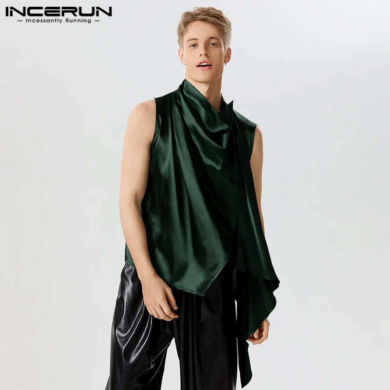 

Men Tank Tops Solid Satin V Neck Sleeveless Streetwear Loose Male Irregular Vests Summer 2023 Fashion Men Clothing INCERUN S-5XL