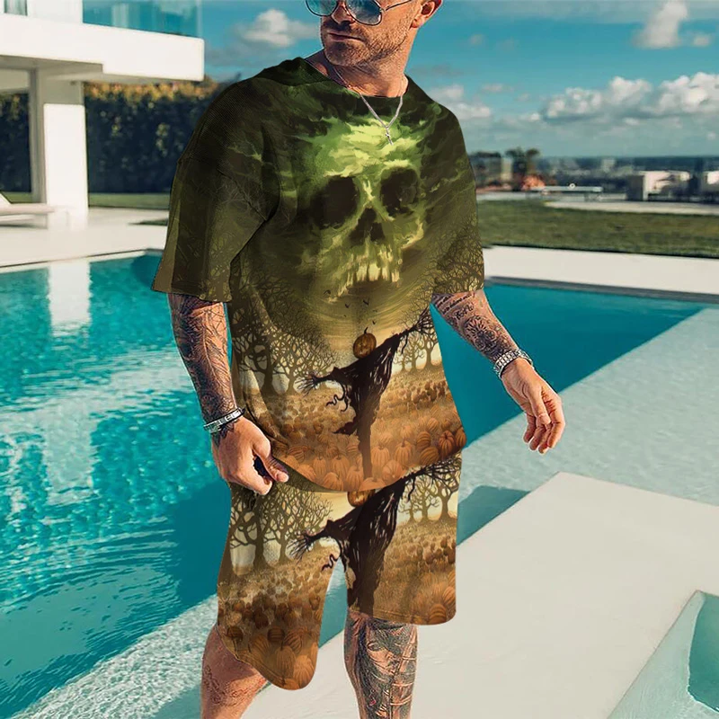 New Summer Halloween Sets Pumpkin Head Men Sports Jogging T Shirt Tracksuit Party Suit 3D Printed Breathable Popular Clothes