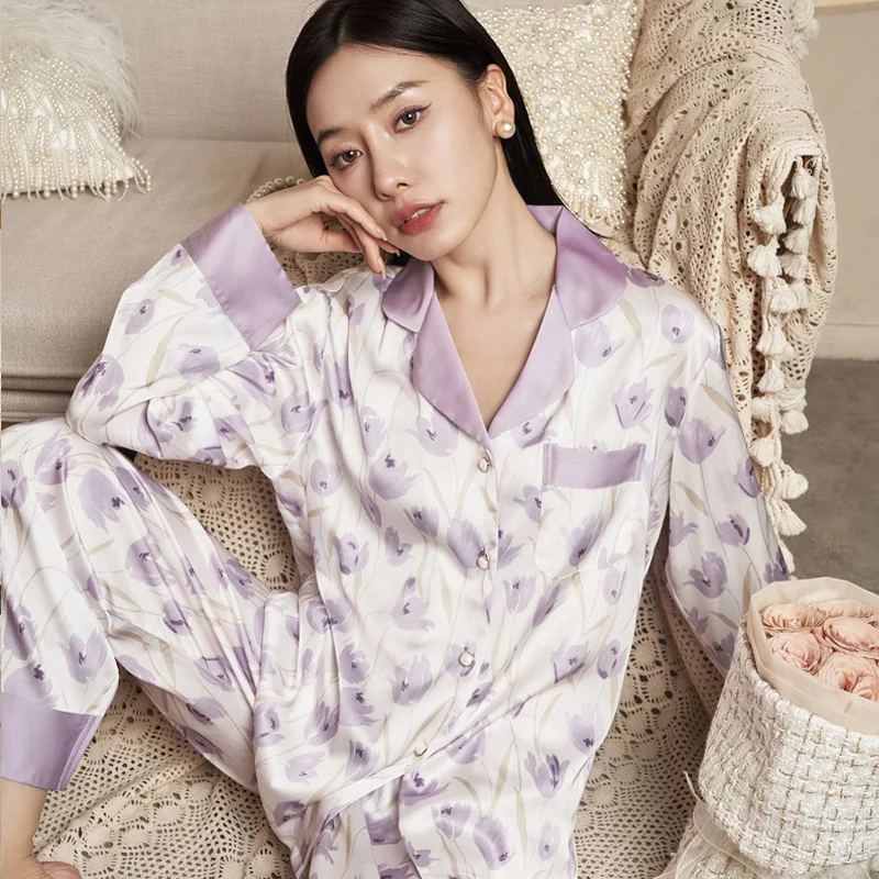 

Jxgarb весна-осень новые атласные тюльпаны с принтом для отдыха пижамы женские из искусственного шелка одежда для сна для женщин пижамы Ночная...