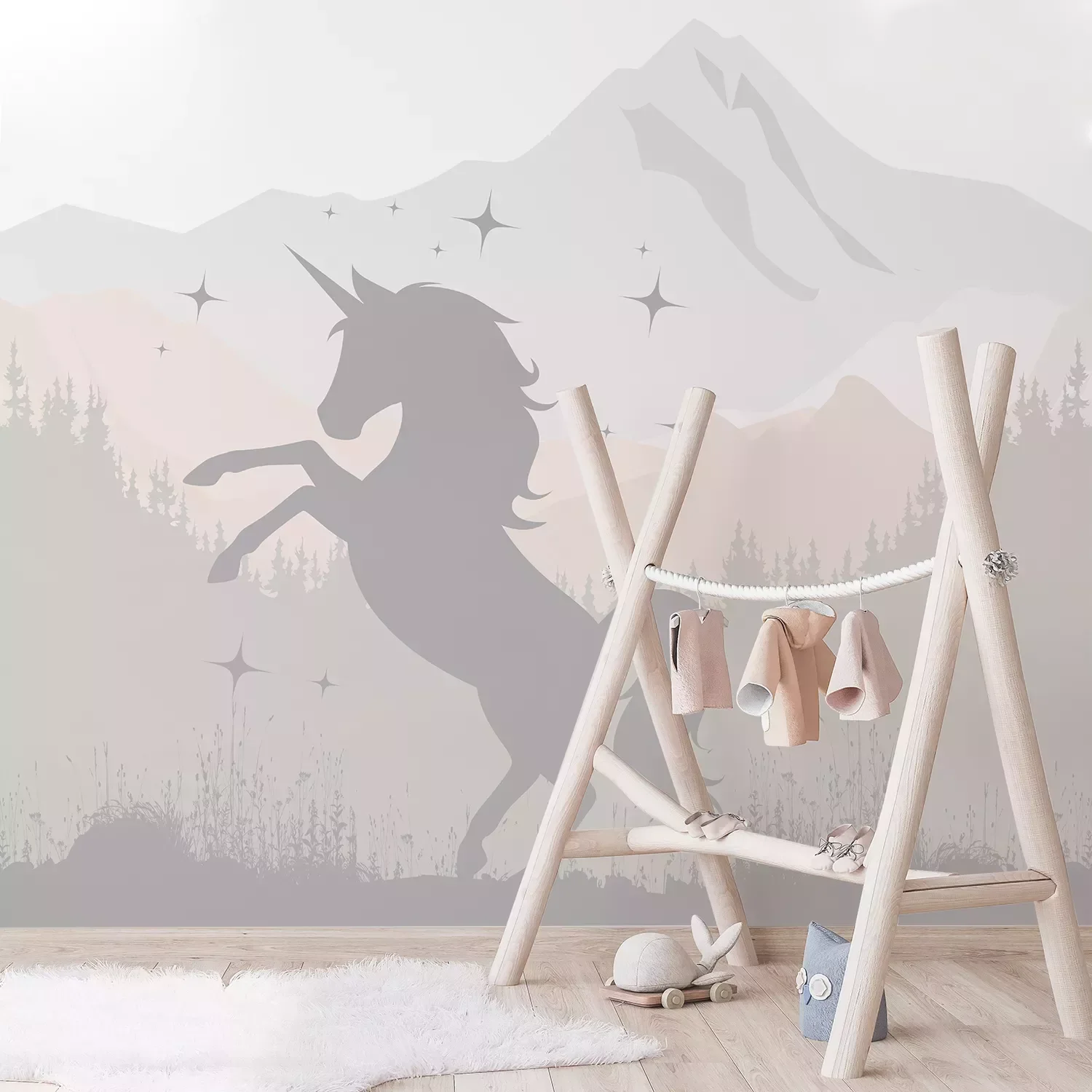 

Nursery Unicorn Mountain Wall Sticker for Kids Room Newborn Bedroom Home Decoration Nordic Cartoon Mural Self-adhesive Fabric