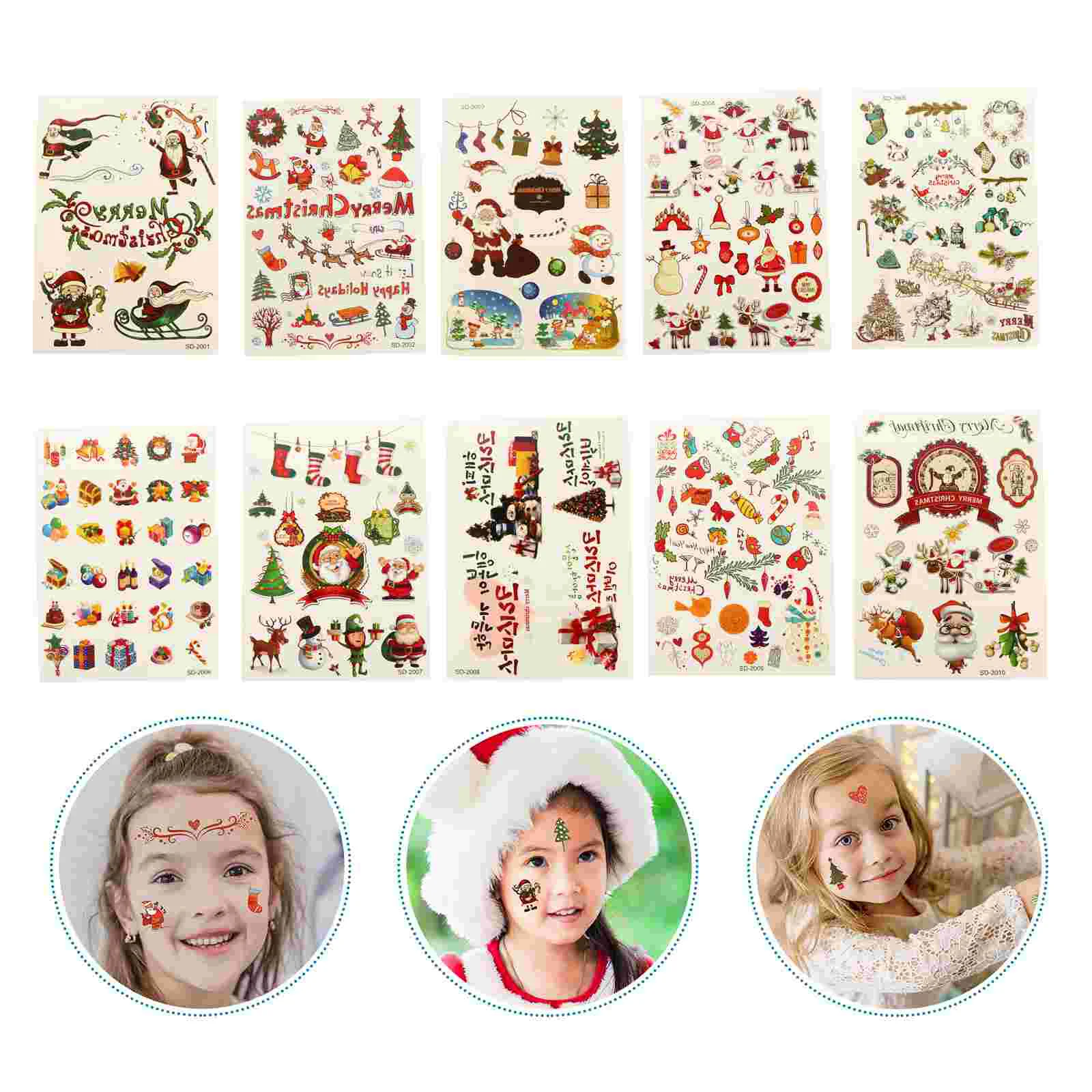 

10 Sheets Christmas Tattoo Stickers Face Temporary Decals Cartoon Disposable Make-up Pvc Tattoos Child Children