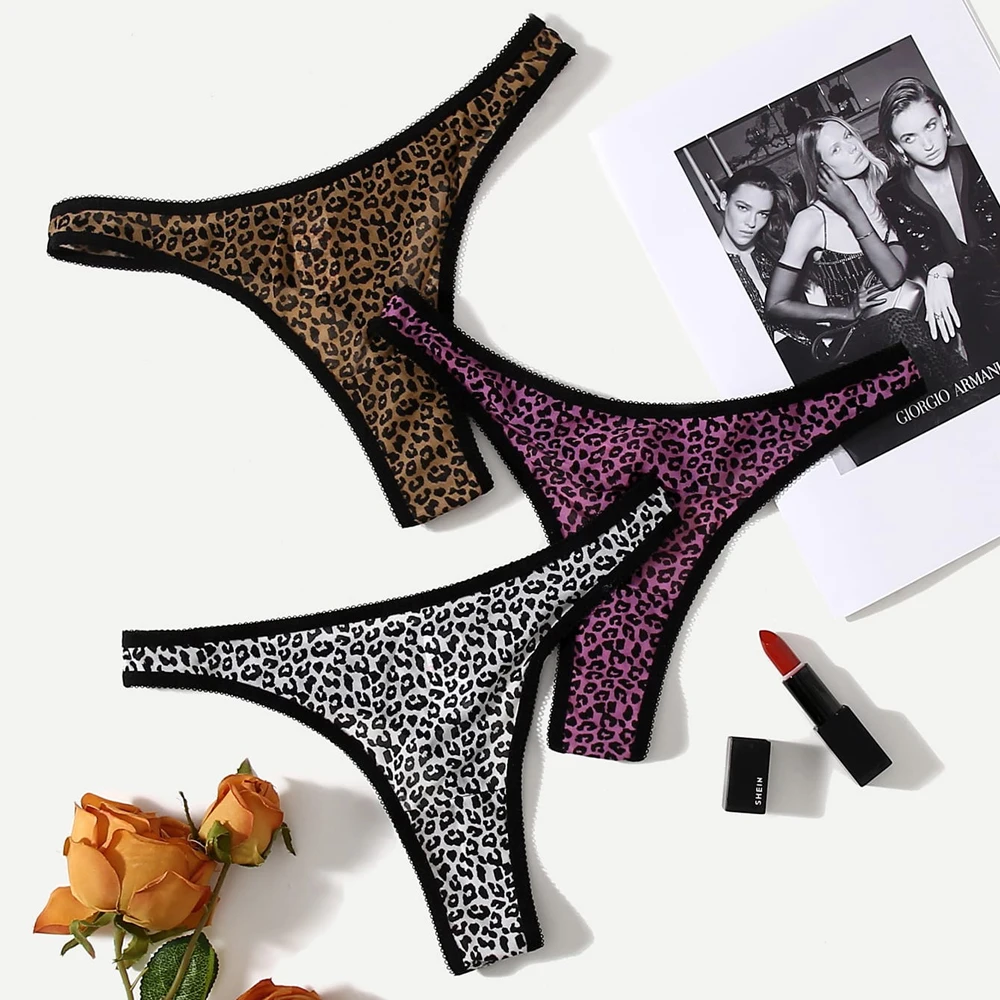 3 шт./упаковка Женские Трусы-стринги с леопардовым принтом