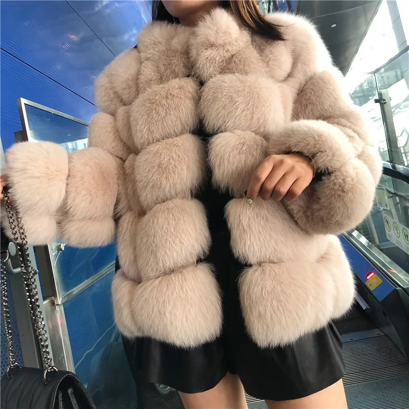 Warm Fake Fox Fur Coats Female Thick Faux Fox Fur Coats Women Winter Fashion Medium Long Artificial Fox Fur Jacket Pink Woman