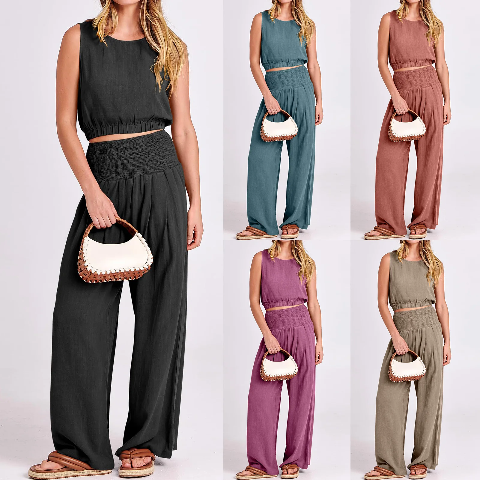 

2023 Women Casual 2 Piece Outfit Vest Wide Leg Trousers Ladies Crew Neck Top Pants Solid Color High Waisted Loose Fit Outfit