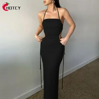 hotcy sexy blackless sleeveless halter solid color hollow out women dress eelegent