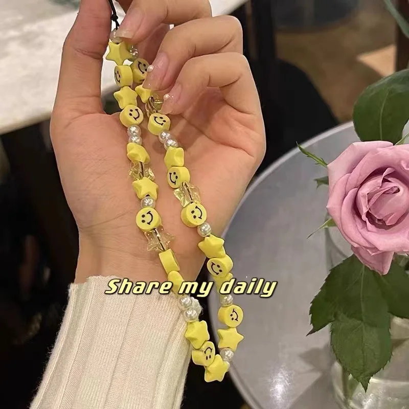 

Popular European And American Fashion Smiley Face Mobile Phone Chain Ins Wind Acrylic Pearl Frosted Pentagram Bracelet Female