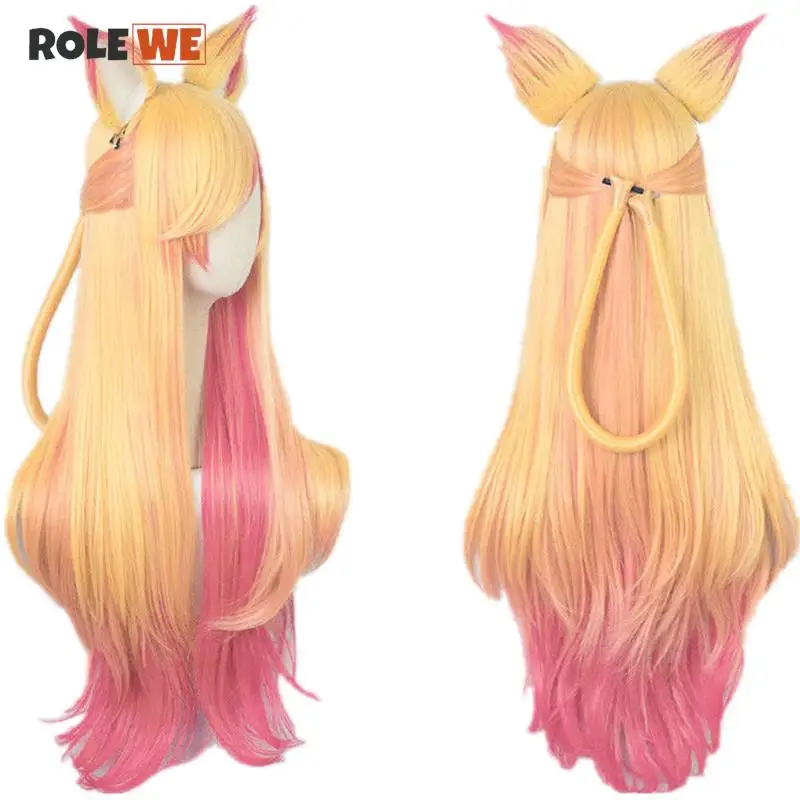 

LOL Ahri Gumiho Star Guardian Golden Pink Mixed Color Ombre Wavy Wave Long Heat Resistant Hair Cosplay Costume Wigs + Wig Cap