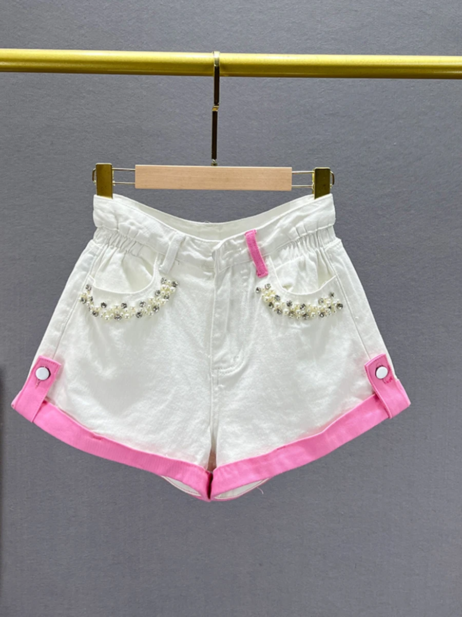 Chic Beaded Denim Shorts for Women 2023 New Summer High Waist Loose Slimming Diamond Color Block Flanging Wide-Leg Jeans Shorts