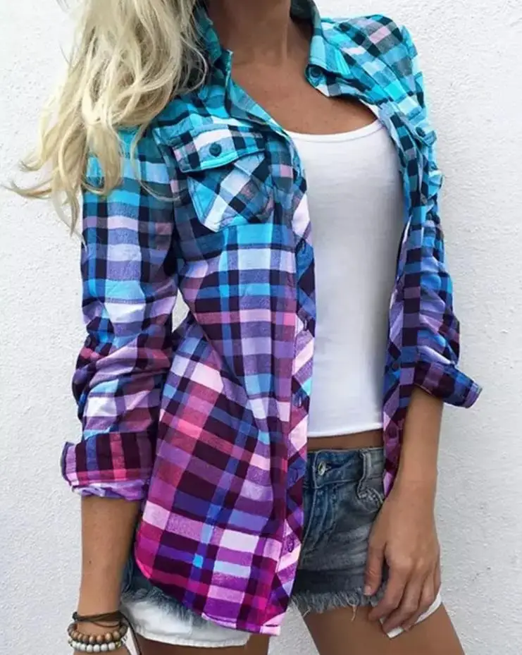 

Classical Long Sleeve Shirt Women Color Block Plaid Print Autumn Top Single Breasted Cardigan Tie Tee Shirt Loose Oversized Tops