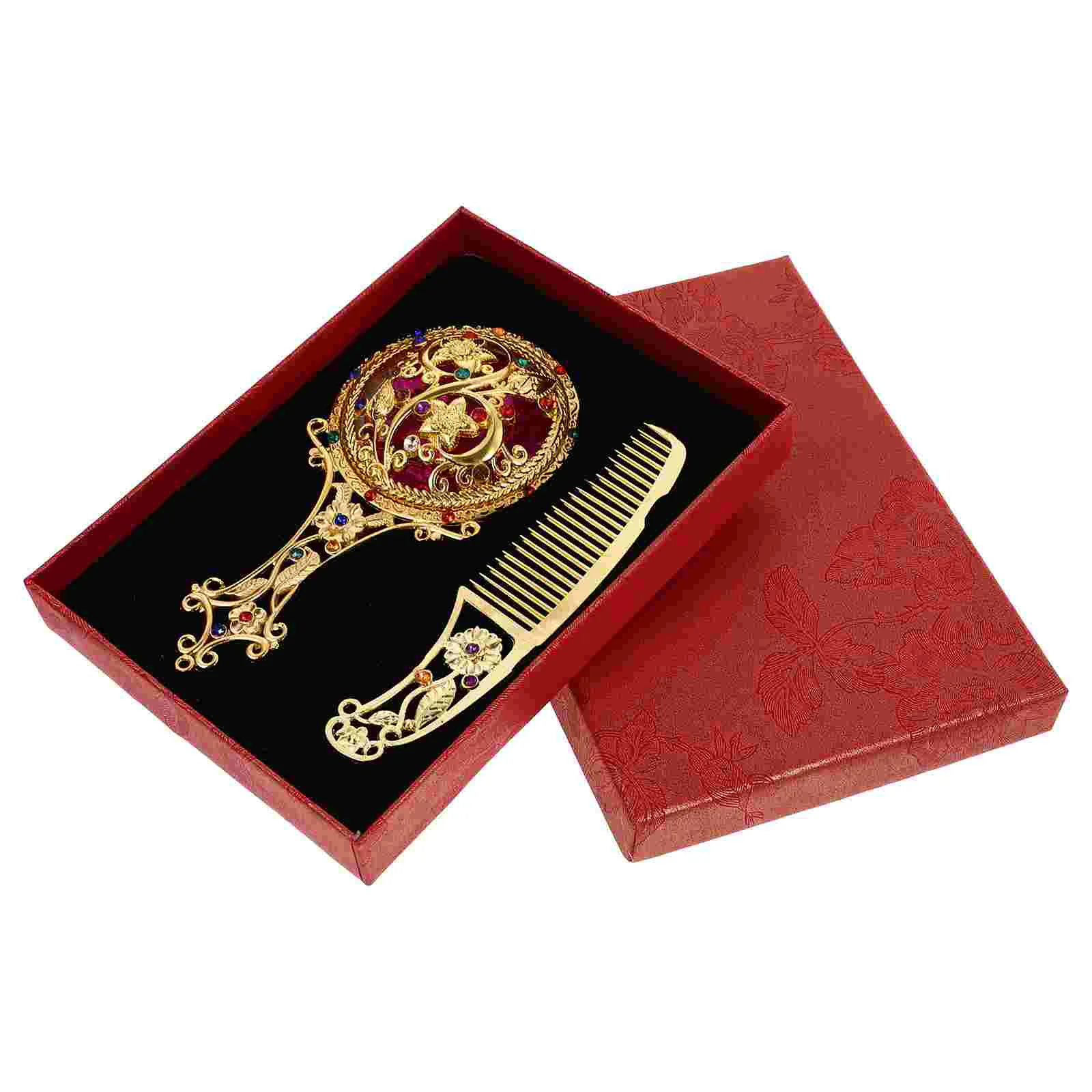 

Mirror Vintage Hand Makeup Comb Set Handheldvanity Compact Retrometal Hair Brush Mini Pocketportable Brass Mirrors Rustic