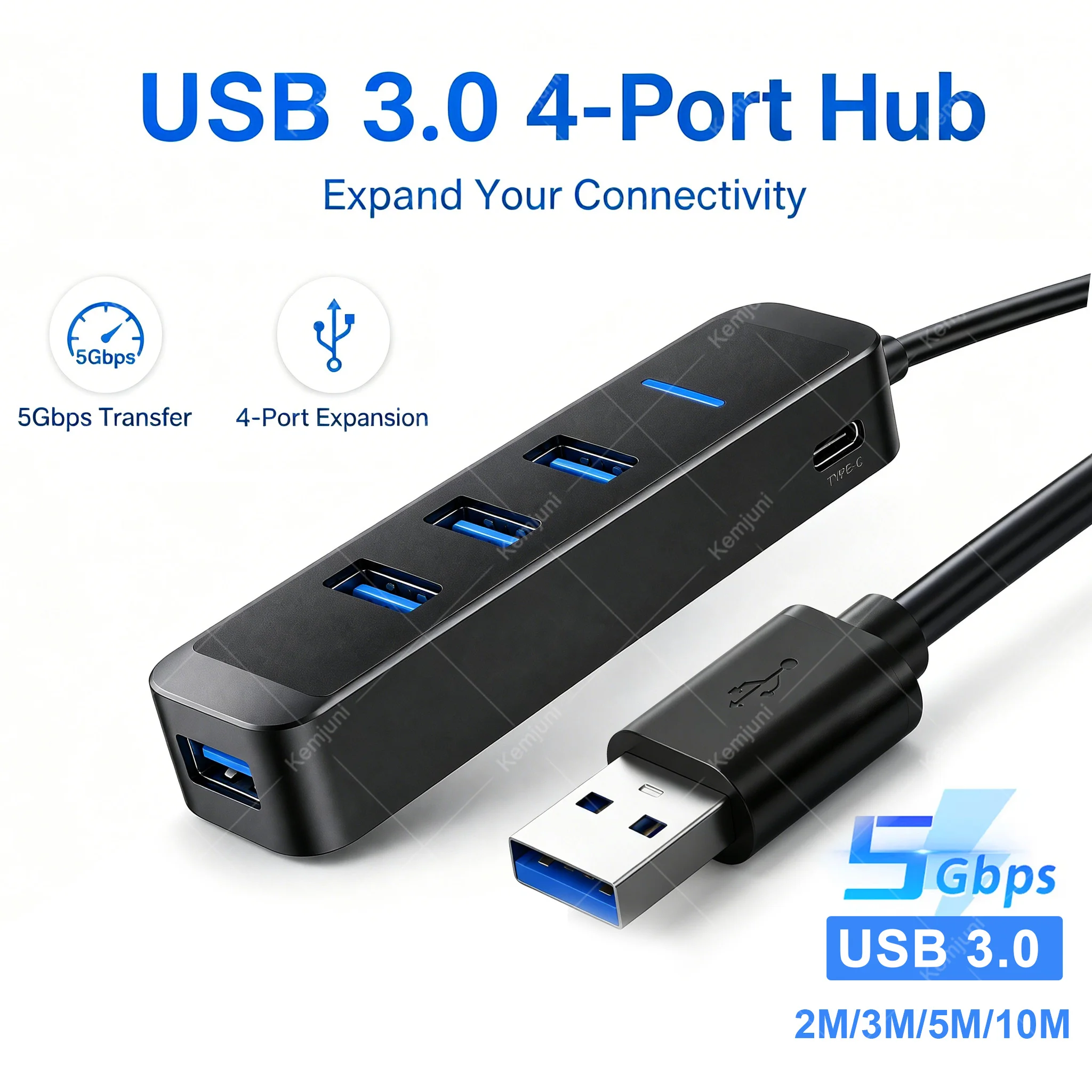 Фото 3M 5M 10M USB 3.0 удлинитель, высокоскоростная передача данных 5 Гбит/с, 4-портовый HUB, док-станция, многопортовый концентратор, внешний источник питания Type-C №1