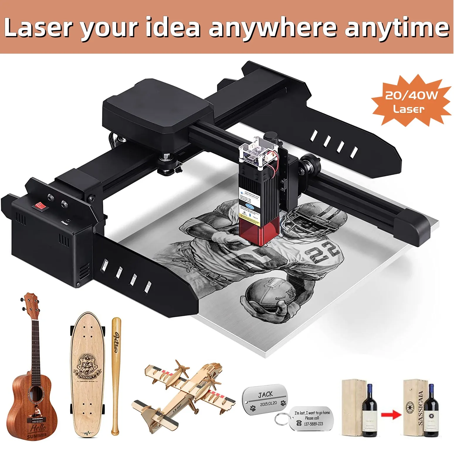 40W Metal Laser Engraver Portable Laser Engraving Machine DIY Wood Router CNC Engraving Cutting Machine Desktop Laser Engraver