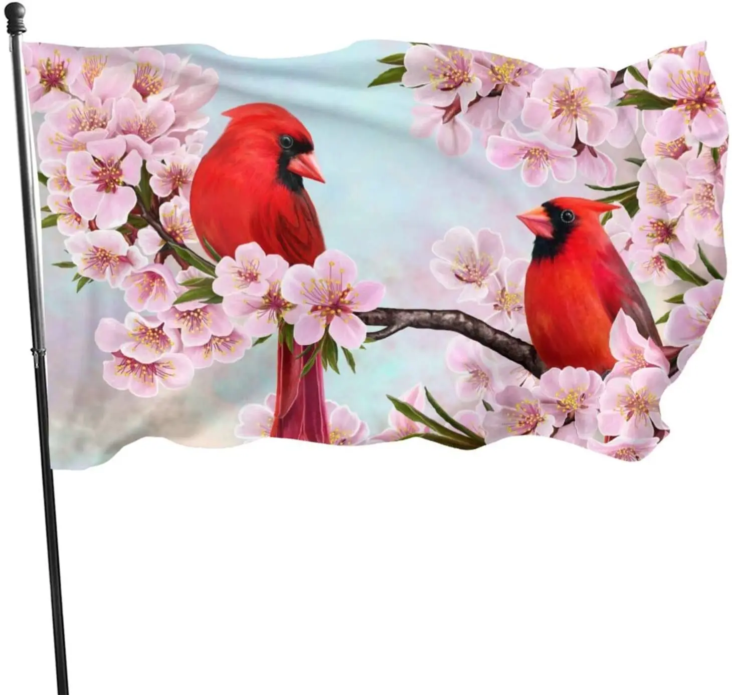 

Флаг из полиэстера с красными птицами, веткой и цветами миндаля