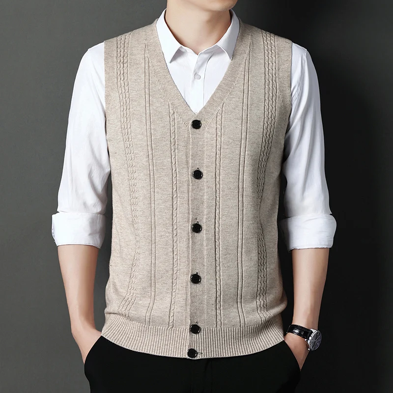 2022 Spring Autumn Knitted Men Sweater Vest Casual Sleeveless Sweaters Mens Stripe V-neck Sweater Solid Color Casual Pullover