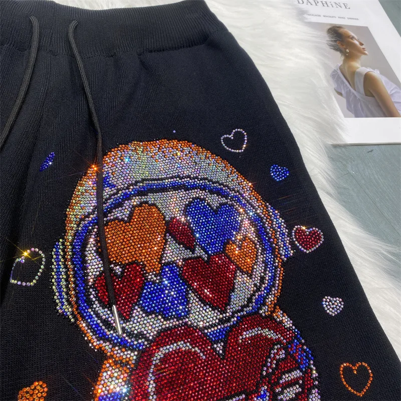 Shiny Rhinestones Pattern Sweater Shorts Elastic Waist Knitting Hot Pants For Summer Stretchy Sweater Short Pants Летние шорты