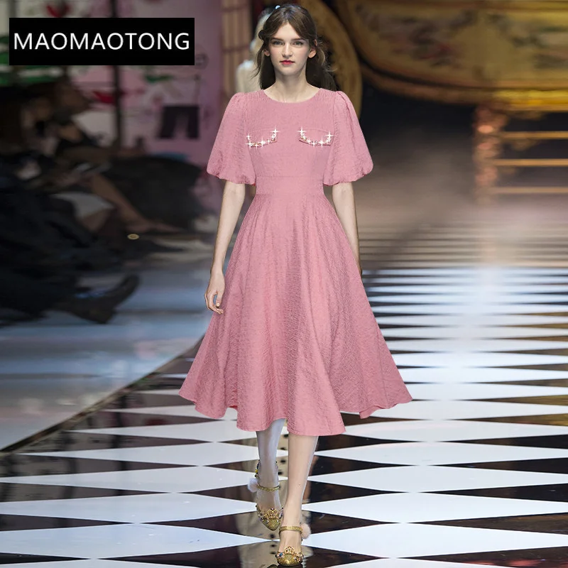 

Fashion Runway dress Summer Women's Dress Puff sleeve Beading High waist Vintage Elegant Pink Party Dresses