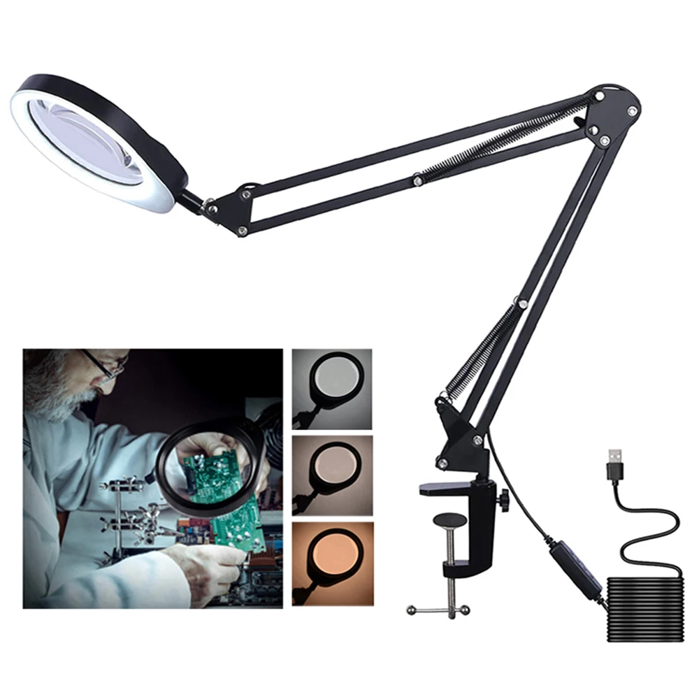 2022 Flexible Desk Large 5X 8X 10X USB LED Magnifying Glass 3 Colors Illuminated Magnifier Lamp Loupe Reading/Rework/Soldering