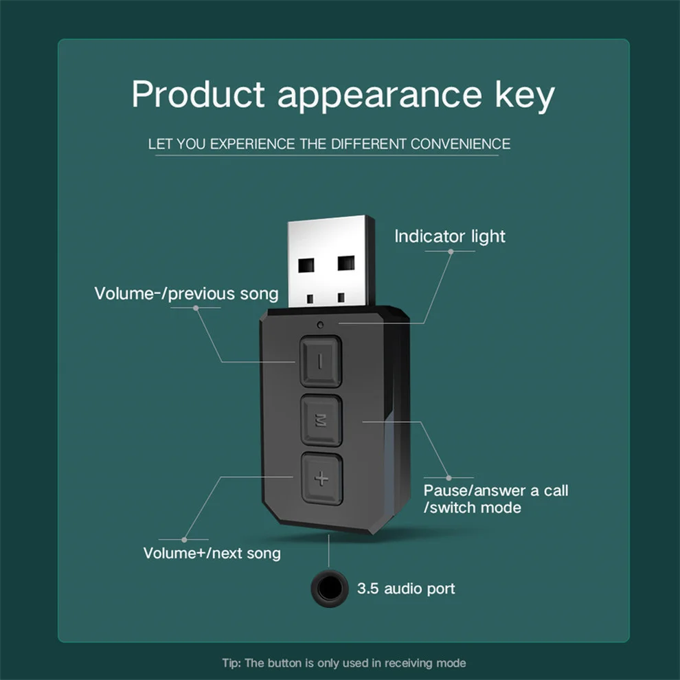 LccKaa USB Bluetooth 5 0 передатчик приемник 2 в 1 беспроводной аудио адаптер с кабелем 3 мм