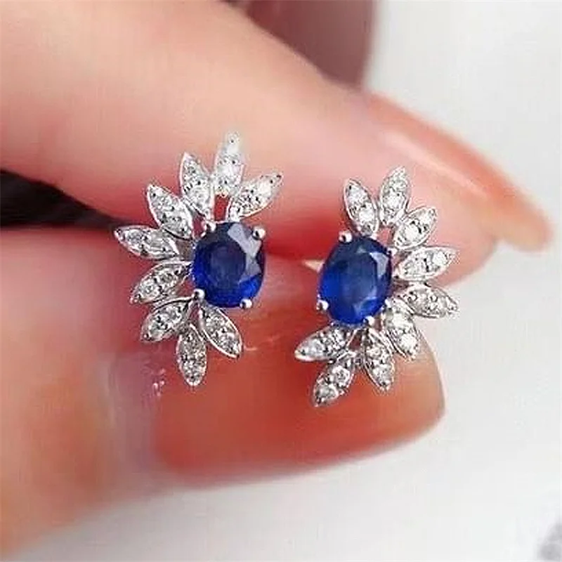 

UILZ Exquisite Shiny Flower Cubic Zirconia Stud Earrings Blue Crystal Earring For Women Fashion Party Birthday Jewelry Gifts