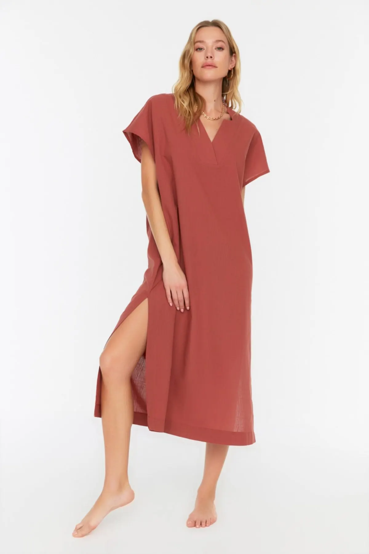 

Женское кимоно, коричневое льняное кимоно, модный халат Caftan для женщин