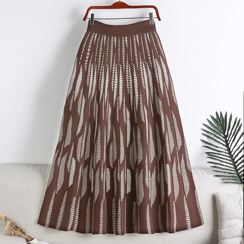 

New Autumn&Winter Knitted Skirts High Waist Elastic Mujer Faldas Long A-Line Pleated Skirt Gentle Women Clothes Dropshipping