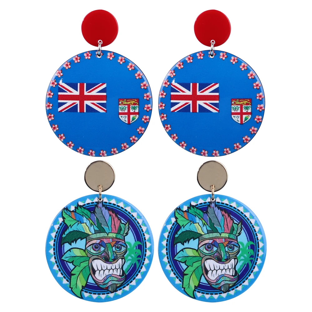 

2023 Round British Flag Flower Acrylic Printing Earrings for Women Aboriginal Chief Face Feather Drop Earring Vintage Jewelry