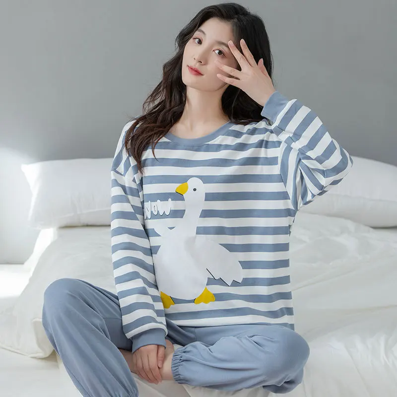Cotton Pajama Set Women Long Sleeve Pants Pyjama Cute Korean Sleepwear Female Soft Loose Autumn Winter Pajamas Home Clothes Suit