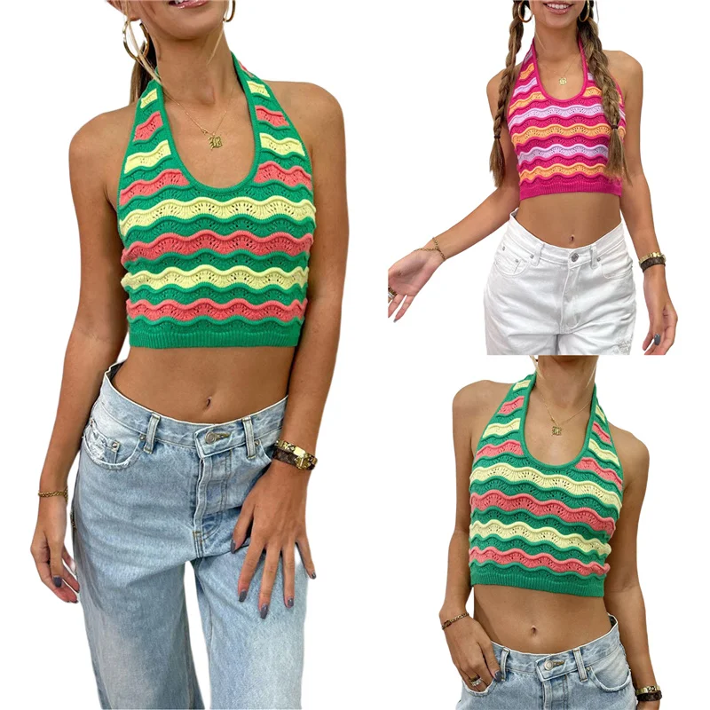 

Ladies Hanging Neck Tank Top, Summer Women Leisure Style Color Matching Sleeveless U-neck Slim Knitted Midriff-baring Tops