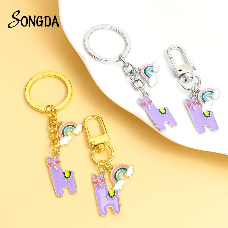 

Cute Heart Alpaca Enamel Keychain Cartoon Animal Rainbow Alloy Metal Key Chains For Women Handbag Car Key Accessories Souvenir