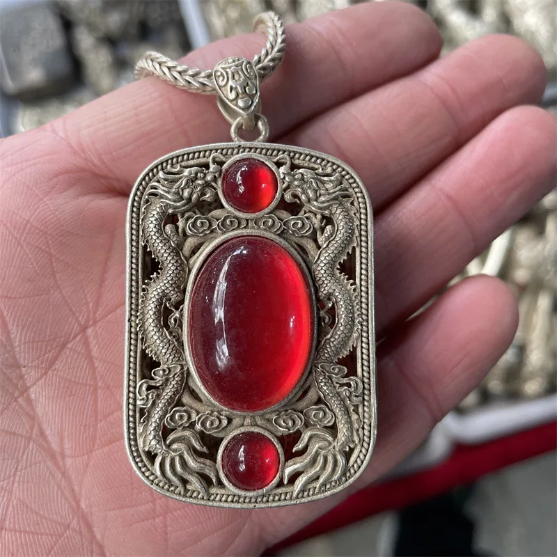 Тибетское серебряное ожерелье с двойным драконом