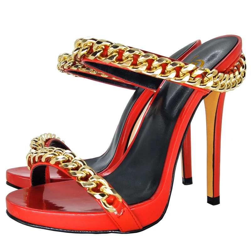 2021 Women's Sandals Fashion Chain Sexy Open Toe Shoes Stiletto Sandals Fashion Beautiful Mature Red Shoes Female Party Shoes