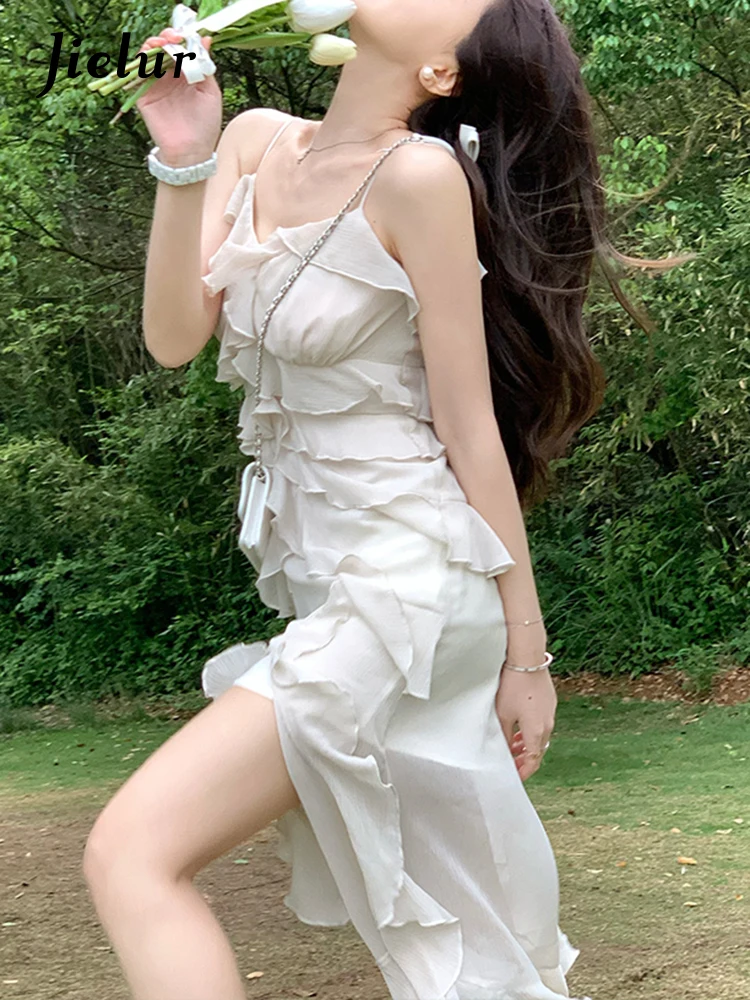 

Jielur White Chiffon Dress Women Beach Boho Elegant Midi Strap Dress Evening Party Sleeveless Floral One Piece Dress 2022 Summer