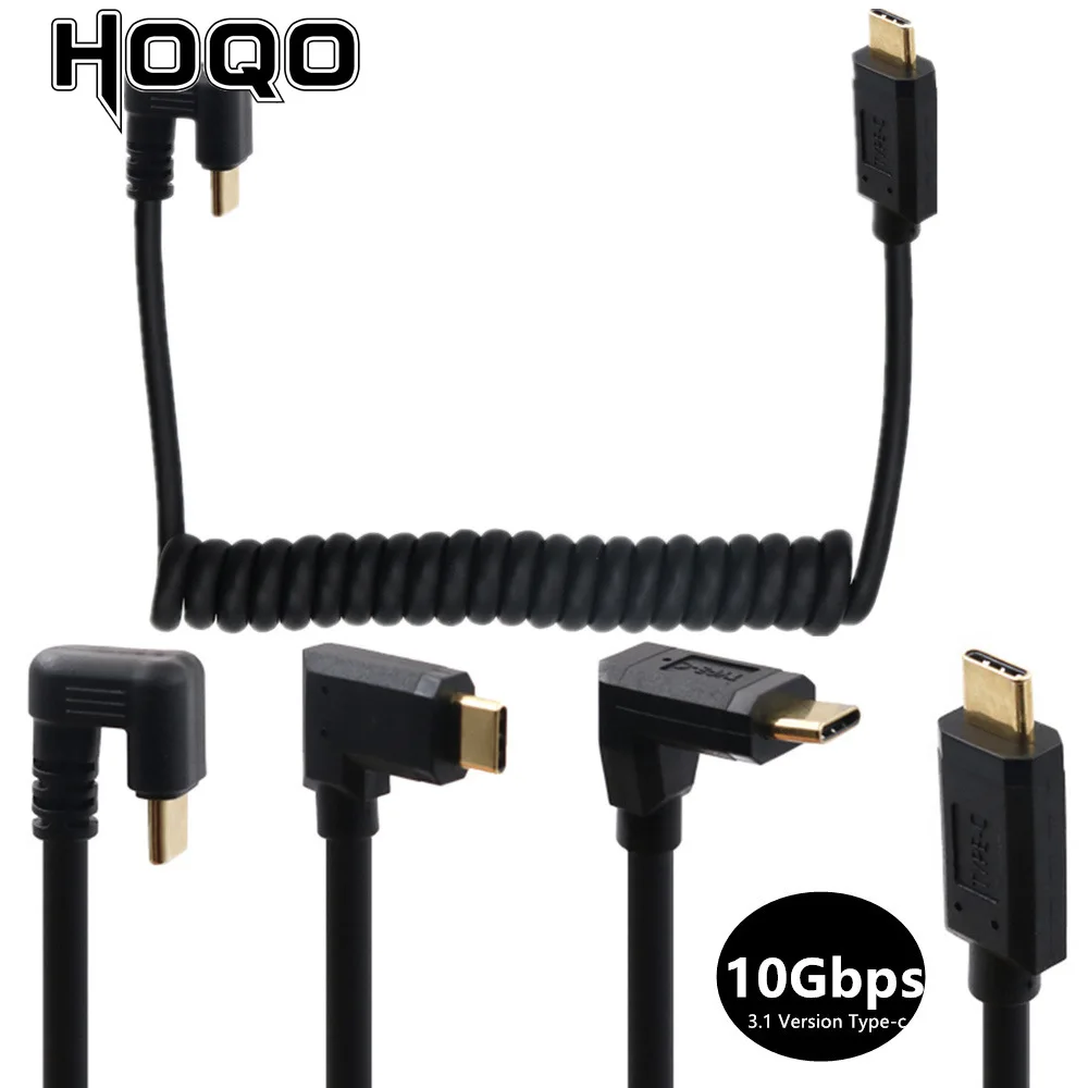 Gold-Plated Coiled usb3.1 Gen2 usb c 180 degree Male to Male Spring Cable U elbow USB Type-c data charge cord for pc phone Game