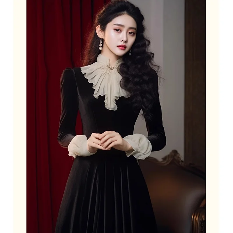 Новое весеннее французское винтажное бархатное длинное платье знаменитостей