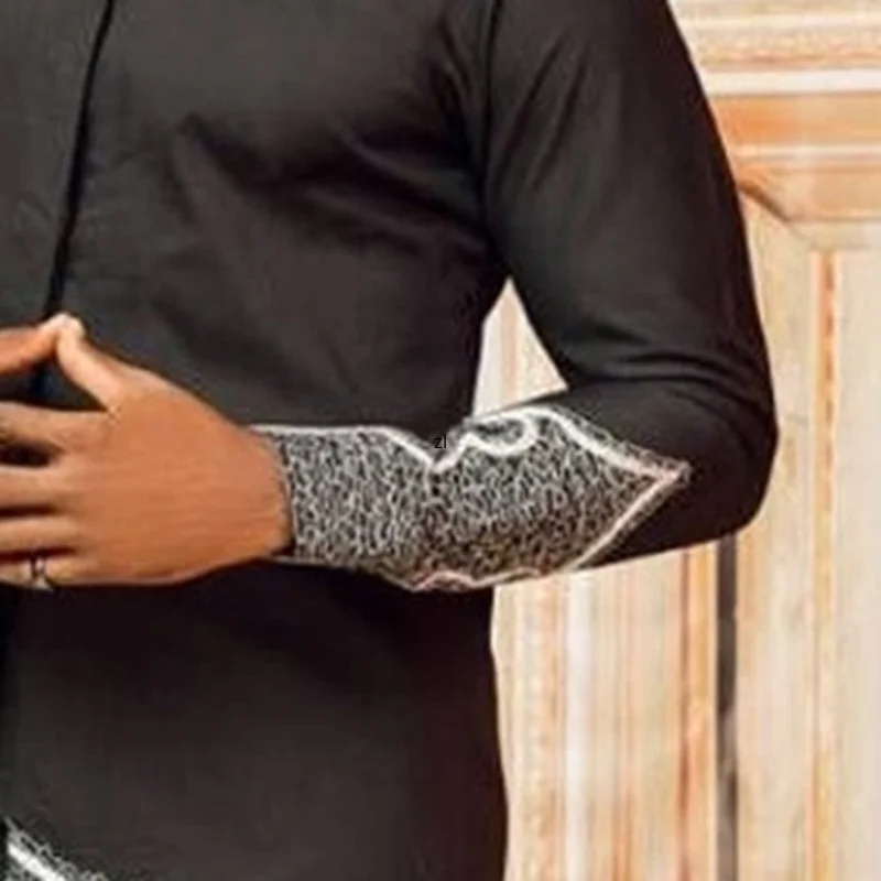 Men's Dashiki Mid-length Shirt Casual Printing Stitching African Men Shirt Islam Muslim Long-sleeve Fashion T-shirt djellaba man