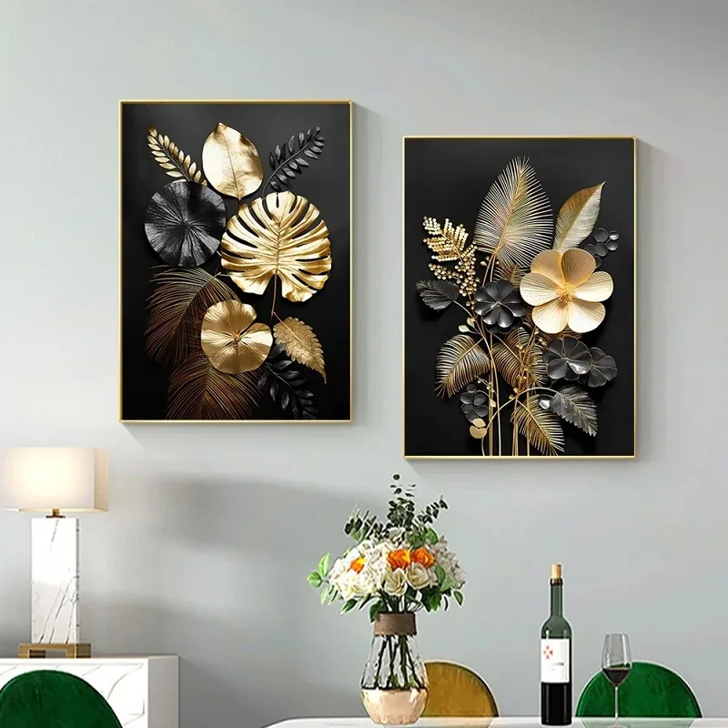 Домашний декор холст живопись черные и золотые листья цветы постер украшение для
