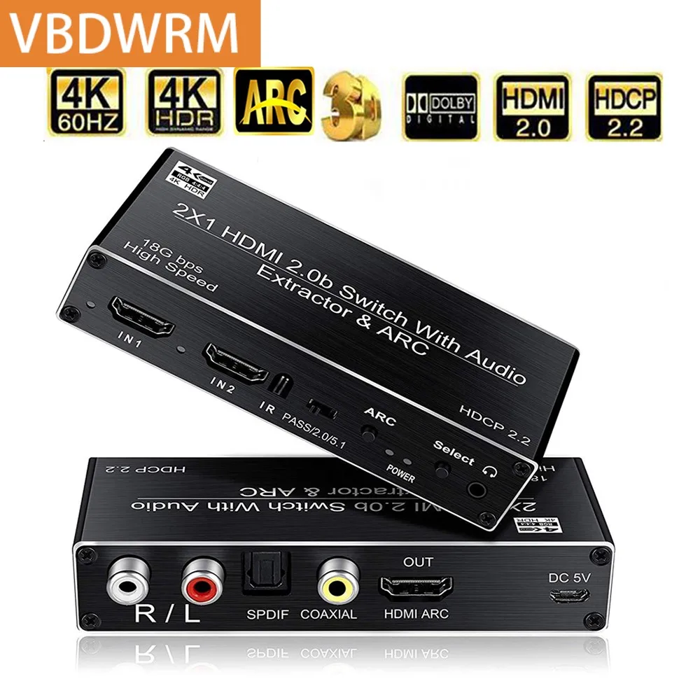 

Audio Extractor 2 Port HDMI Cnverter Switch 2 in 1 out Computers Extractor 4K 60Hz 5.1Ch HDMI2.0b ARC Switch with Audio Toslink
