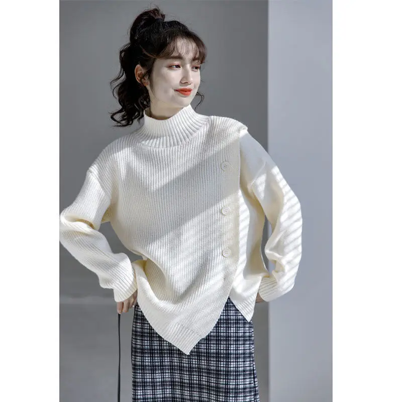 

Пуловер с высоким воротом, свитер, Женский мягкий и удобный Зимний вязаный Топ абрикосового цвета с косым разрезом, новинка 2022, Свободный дышащий вязаный Топ