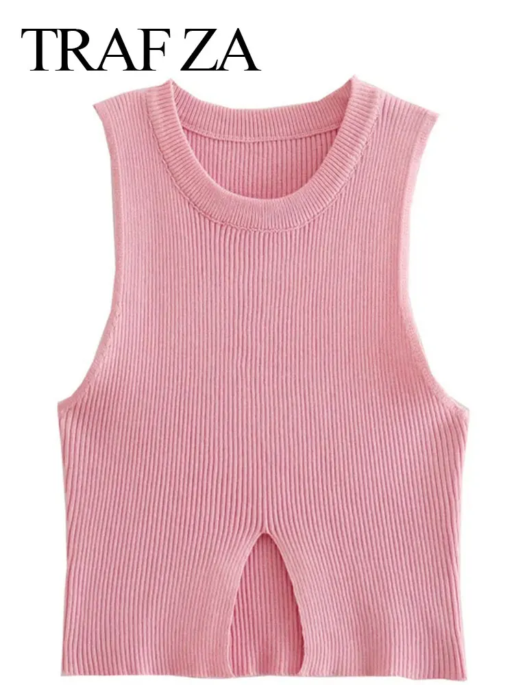 

TRAF ZA High Street Fashion Trend Round Neck Hem Slit Women's Tank Top Solid Color Elegant Knit Comfort Short Ladies Tank Top