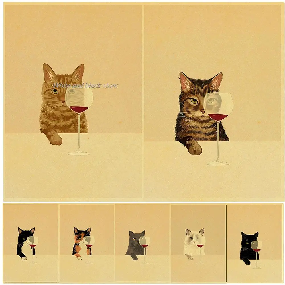

Funny Retro Cats And Red Wine Posters Prints KraftWall Art Pictures For Living Room Kitchen Home Decor