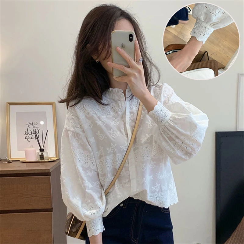 

Sweet Floral Hollow Out Lace Solid Lady Blouse Fashion Casual Lolita Tops Slim Chiffon Ruffled Neck Shirt Summer Female Clothing