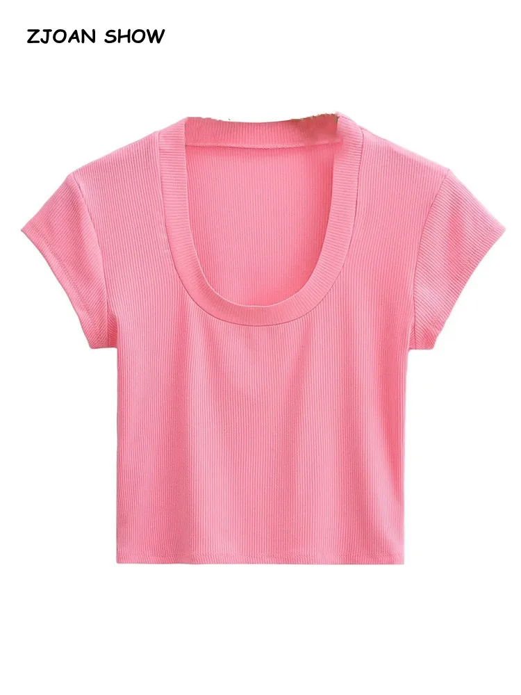 

2022 Vintage U collar Short sleeve T-shirt Woman Rib Slim Fit t shirt tight tee Summer Retro Tops 6 Solid colors