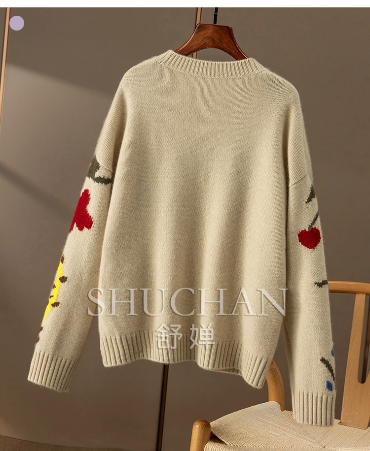 Жаккардовый 100% кашемировый свитер с круглым вырезом и длинными рукавами женский