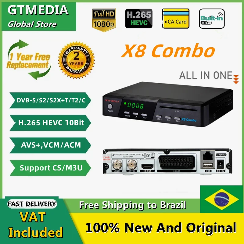 

GTMEDIA X8 Combo Satellite Receiver DVB-S/S2/S2X+T/T2/Cable Support CA Card Slot HEVC 10bit VCM/ACM/multi-stream/T2MI CS/M3U BOX